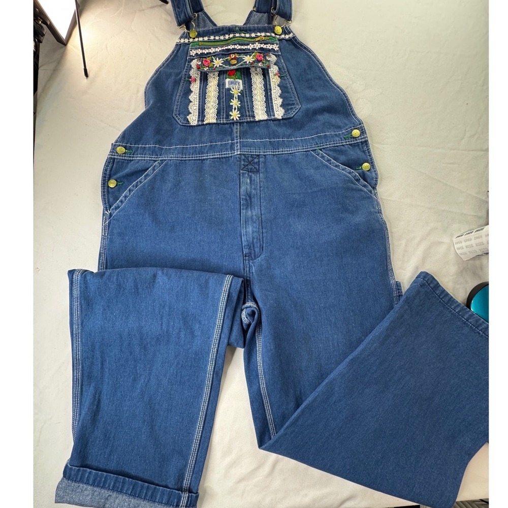 Liberty Overalls Vintage Denim Floral Embroidery Lace Trim Carpenter Blue L/XL - Picture 3 of 16